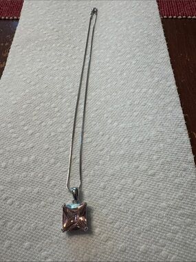 Silver Necklace with Pink Square Gemstone Pendant - Women Jewelry
